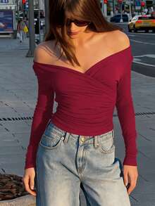 Women Long Sleeves Ruched V Neck Solid Casual Fall Winter Going Out Vacation Party Top - Burgundy - View 3