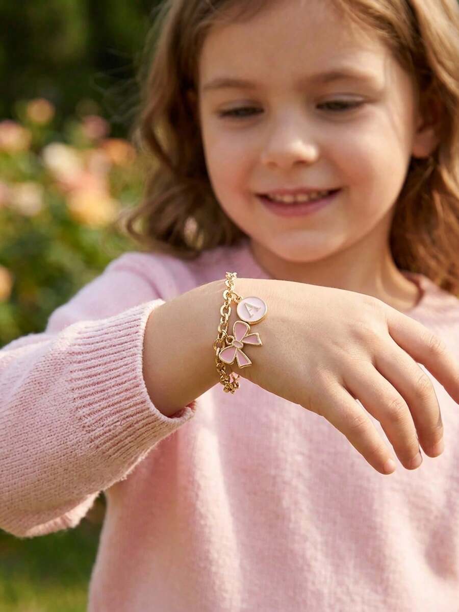 1pc Bow & Initial Letter Pink Charm Bracelet Suitable For Girls Sweet ...