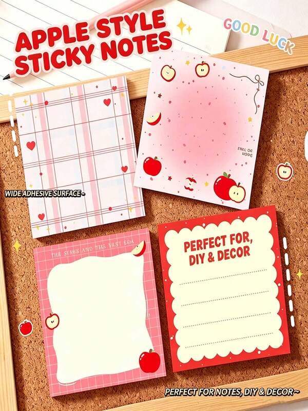 50/100/200pcs Cute Red Apple Sticky Notes, Girl Plaid Shaped Self-Adhesive Memo Pads, Planner Student Office Note Pads, Student Classroom Notes, Planner Decoration, Study Tracking, Daily Messages, Soft And Fluffy, Office Desk Accessories