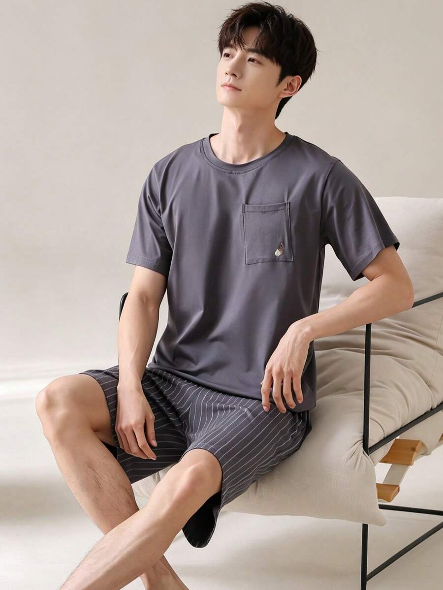 AICJ 男士纯色休闲宽松简约口袋圆领短袖格子短裤睡衣套装(2件套),适合春夏穿着 - 深灰色 - 查看 1