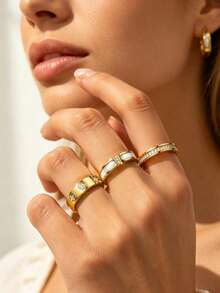 Set Cincin Wanita Stainless Steel Bertatahkan Elemen Daun Semanggi Elegan 3 Buah Satu Baris, Cocok untuk Kasual, Kencan, Berbagai Acara atau Hadiah Liburan untuk Teman - WD008JZ-8+JM757JZ-8+FSY034JZ-8 - View 5