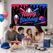 Baseball Ice Cream Drip Birthday Banner Decorations Sports Theme Happy Birthday Backdrop, Baseball Party Hanging Banner Birthday Party Supplies Photo Booth Decor - Neon - View 5