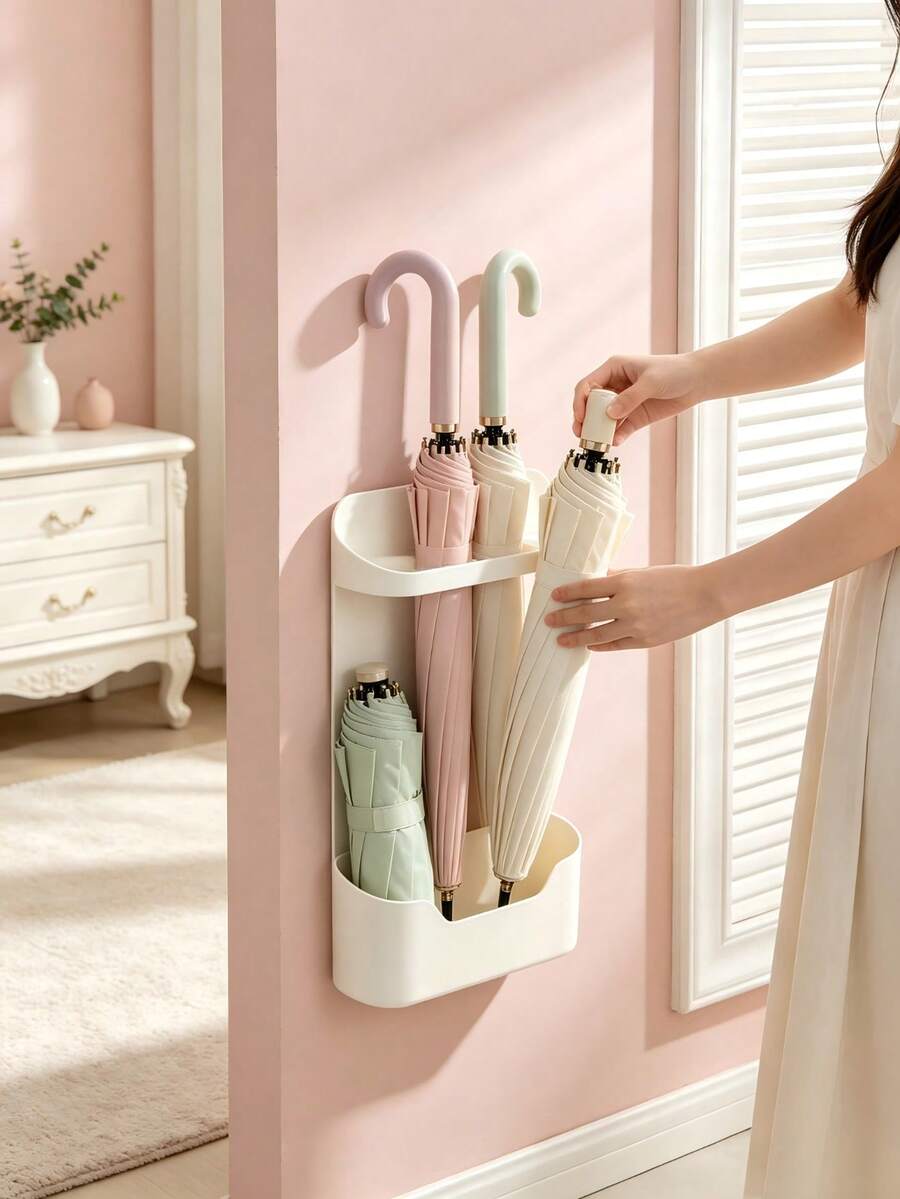 1pc Wall-Mounted Umbrella Holder, No Drilling Required, With Drainage Slot And Hook Slot; Minimalist Cream Color Rectangular Design; Space-Saving Umbrella Rack, Suitable For Home Entrance And Apartment Hallway; Suitable For Year-Round Daily Use - Wall-mounted Umbrella Storage - View 1