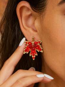 1 Pair Fashionable Elegant Red Rhinestone Maple Leaf Stud Earrings, High-End Luxury Versatile Autumn/Winter Earrings - Gold - View 1