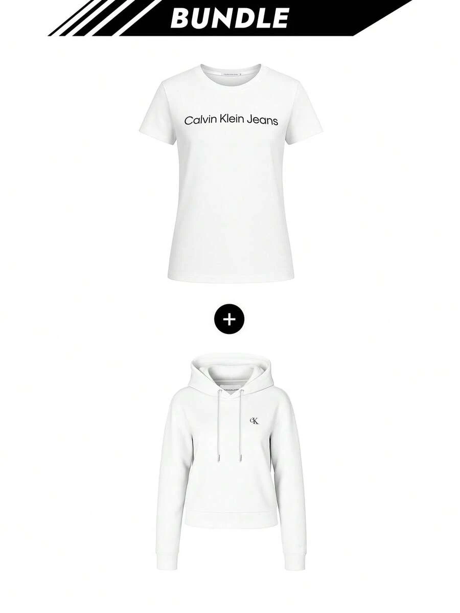 Calvin Klein [حزمة] تي شيرت نسائي بشعار Script Core باللون الأبيض + هودي نسائي بتطريز IB0 باللون الأبيض - أبيض ساطع + أبيض - مشاهدة 1