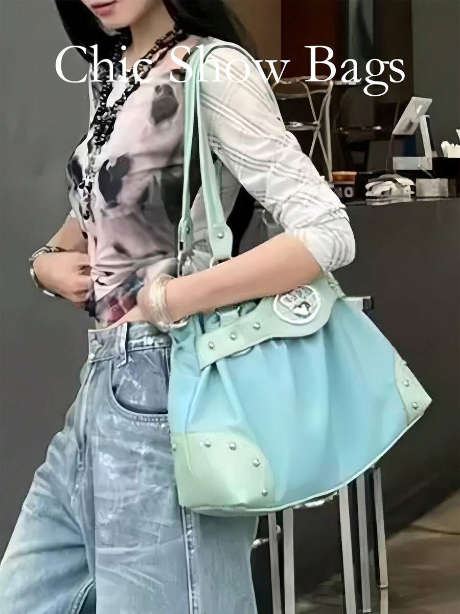 Tas Tote Bahu Kasual Harian Wanita Gaya Y2K dengan Dekorasi Rivet Warna Blok dan Logo Logam, Tali Bahu Dapat Diatur, Kapasitas Besar, Cocok untuk Perjalanan dan Belanja - Hijau - View 1