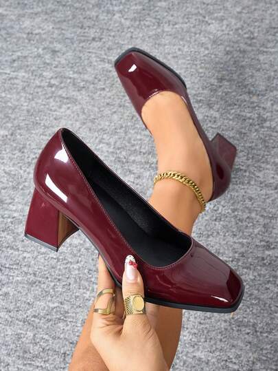 Women's Classic High Heel Pumps With Chunky Heel, Shallow Toe, Square Toe, Spring/Autumn Party, Casual, Versatile, Business, Commute, Professional Work Shoes