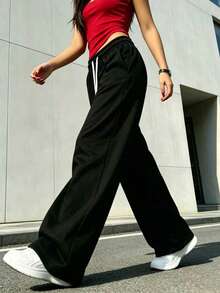 Autumn/Winter New Casual Versatile High Waist Elastic Waist Loose Wide Leg Sweatpants, Suitable For All Seasons Daily Wear, Gym Black Sports Fall - Black - View 2