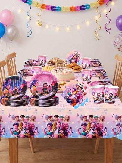 KPop Demon Hunters 50pcs K-Pop Demon Girl Anime Style Theme Party Set, Back To School Costume, Suitable For 10 People, Disposable Birthday Party Tableware Including Plates, Cups And Napkins. Holiday Decoration Supplies, Suitable For Camping, Picnic, Holiday Essentials, Backyard BBQ Room Decoration And Party Decoration, Also Ideal Decoration For Halloween, Christmas And Party, And A Great Surprise Gift For Fans.