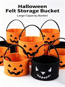 Halloween Felt Pumpkin Storage Bucket, Large Capacity Portable Handheld Storage Basket, Reusable Holiday Storage Bag, Suitable For Party Supplies, Cute Pumpkin Shaped Halloween Home Decor Basket - View 1