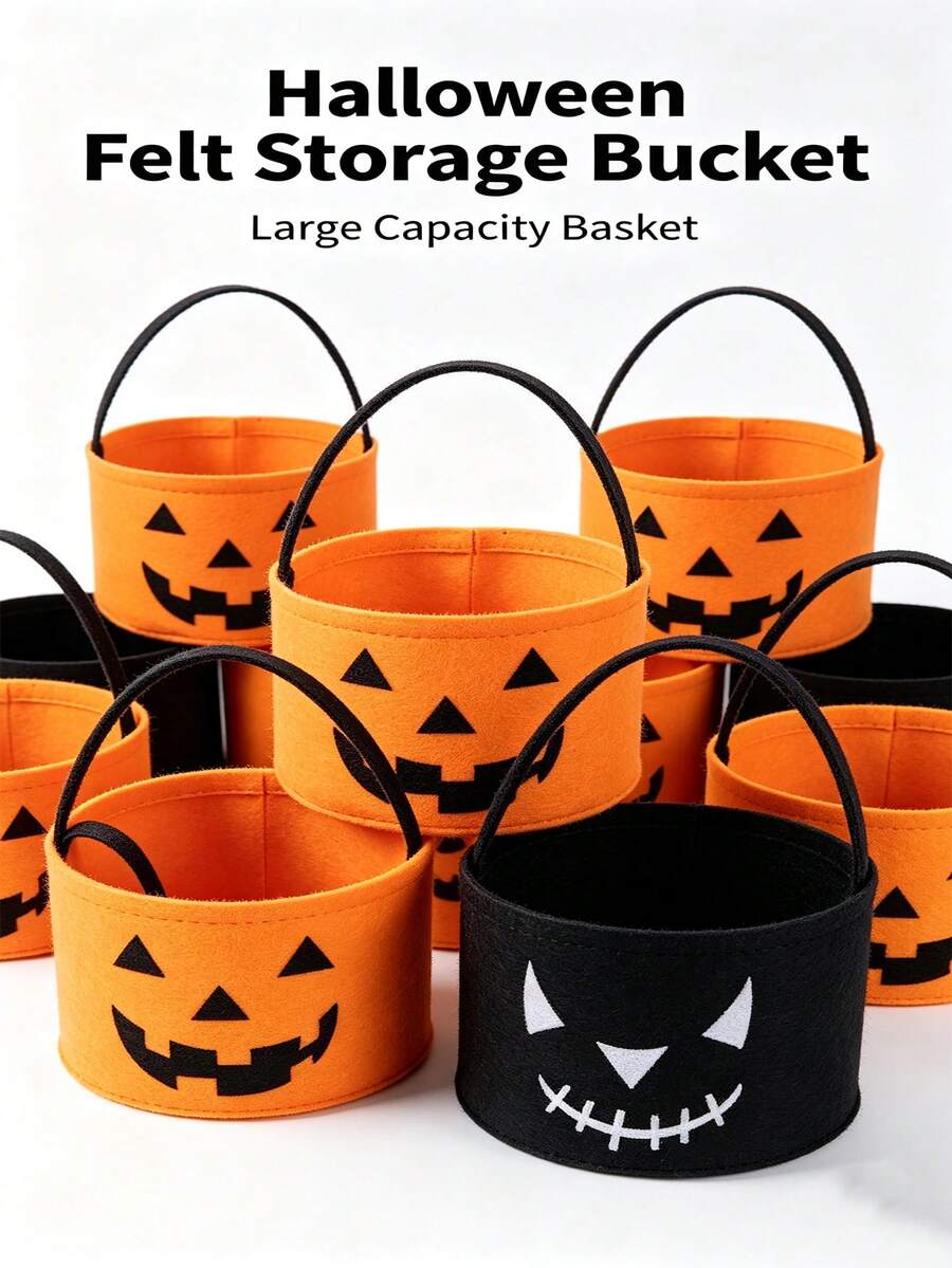 Halloween Felt Pumpkin Storage Bucket, Large Capacity Portable Handheld Storage Basket, Reusable Holiday Storage Bag, Suitable For Party Supplies, Cute Pumpkin Shaped Halloween Home Decor Basket - View 1