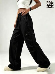 mulinsen Women's Elastic Waist Multi-Pocket Cargo Pants, Loose Wide Leg Drawstring Hem Casual Streetwear Long Pants - Black - View 4