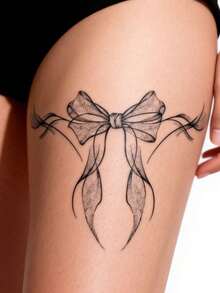 1pc Cool-Tone Sketch Ribbon Bow Temporary Tattoo Sticker, Black & Gray Dotted Ribbon Bow Leg Band Tattoo Sticker, Sexy Hot Girl Thigh Atmosphere Scar Cover Realistic Temporary Tattoo Sticker - Black - View 5