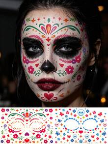 2sheets/4 Sheets Glow In The Dark Halloween Tattoo Stickers, Day Of The Dead Face Makeup Tattoos, Goth Spider Web & Darkness Rose & Skull Waterproof Temporary Tattoo Stickers, Halloween Fake Tattoos For Halloween Parties & Gifts - Multicolor - View 15
