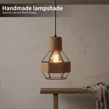 Vintage Cone Pendant Light With Natural Jute Rope And Metal Cage Lampshade, Perfect For Cozy Home And Cafe Wall Or Island Decor - Semicircle - View 1