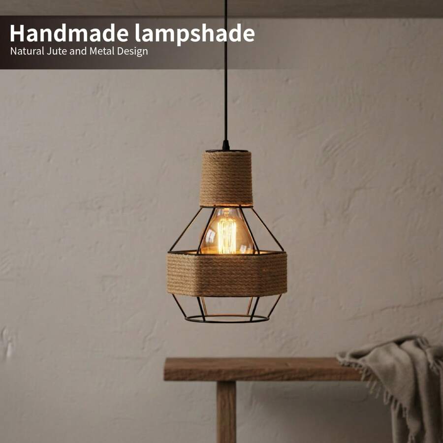 Vintage Cone Pendant Light With Natural Jute Rope And Metal Cage Lampshade, Perfect For Cozy Home And Cafe Wall Or Island Decor - Semicircle - View 1