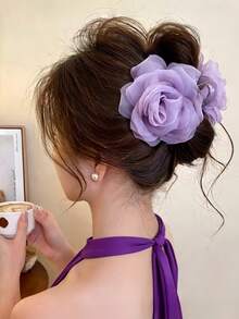 1pc Women's Sweet Elegant Mesh Flower Hair Claw Clip, Suitable For Daily Wear And Vacation - Mauve Purple - View 4