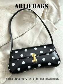 Fashion Asymmetrical Polka Dot Flap Baguette Shoulder Bag, Gold Twist Lock Casual Underarm Bag, Essential Item For College Students And Beach Vacation Lovers, Suitable For School, Library Study, After-Class Outings, Casual Campus Wear And Beach Trips - Black - View 2