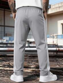Men's Elastic Waist Colorblock Sports Long Pants, Spring/Autumn Fashion Back Pocket Design Straight Leg Casual Pants - Light Grey - View 2