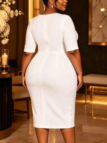 Gaun Bodycon Midi Putih Elegan AOMEI untuk Wanita Ukuran Plus, Leher Bulat, Pinggang Berkerut, Aplikasi Daun Rhinestone, Ruffle, Belahan, Gaun Formal untuk Tamu Pernikahan - Putih - View 5