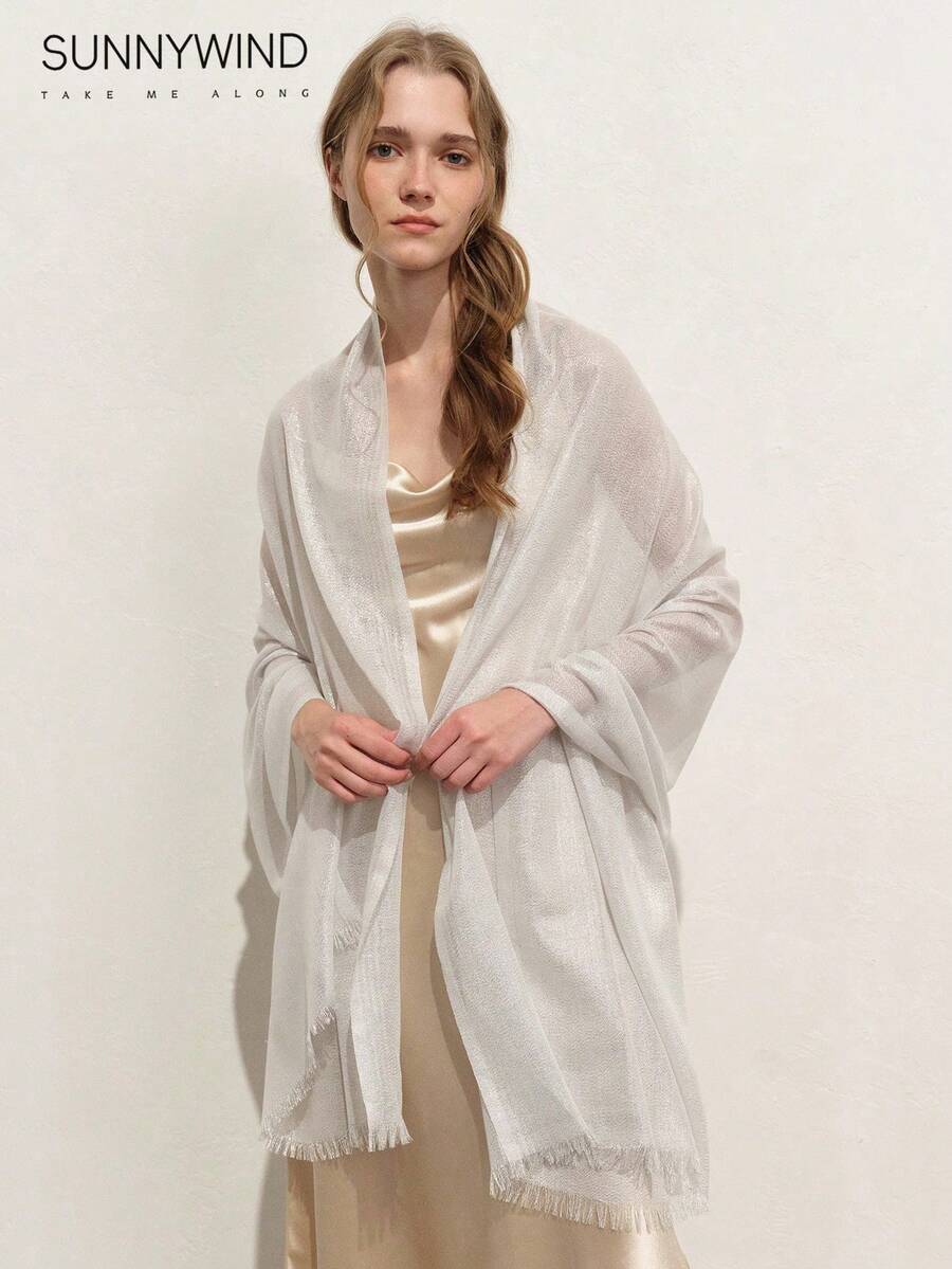 1件女款純色聚酯纖維優雅金線圍巾,適合派對 - 銀 - 查看 1
