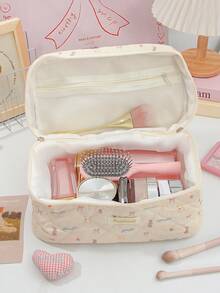 1pc Beige Quilted Bear Design Girls Makeup & Skincare Cosmetic Bag With Zipper, Travel & Vacation Essential Organizer For Sanitary Pads, Lipstick, Cosmetics, Perfume, Makeup Brushes, Suitable For Women, Students, Gift For Friends, Holiday Gift - Apricot - View 10