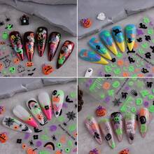 Adesivos de Unha Brilha no Escuro para Halloween, Padrões Fluorescentes Incluindo Abóbora, Fantasma, Teia de Aranha, Morcego, Caveira, Chapéu de Bruxa e Lodo Escorrendo, Adesivos de Arte de Unha Autoadesivos, Adequados para Festa de Noite de Halloween, Festival de Terror, Suprimentos DIY para Unhas - Multicolorido - Visão 6