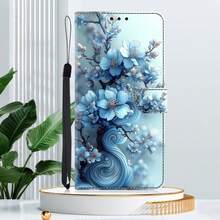 GLANDOTU 皮革藍色花朵PU皮革錢包翻蓋手機殼，壓花淺藍色花卉圖案，磁吸式開關設計，支架功能與卡槽，相容於三星Galaxy、蘋果及其他設備，春季禮物、生日禮物 - 彩色 - 查看 1