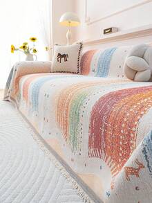 1pc Colorful Chenille Sofa Cover, Single Piece Sofa Protector With Tassel Design, All-Season Full Coverage, Pet-Friendly, Machine Washable, Suitable For Bedroom, Living Room, Office Home Decor, Fits 1-4 Seater Sofa - Coral Orange - View 10