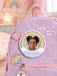 1 pieza Insignia de foto redonda personalizada con texto personalizado, diseño de nube arcoíris pastel, broche de botón de metal para mochila, chaqueta, bolsa escolar, cumpleaños - Multicolor - Ver 2