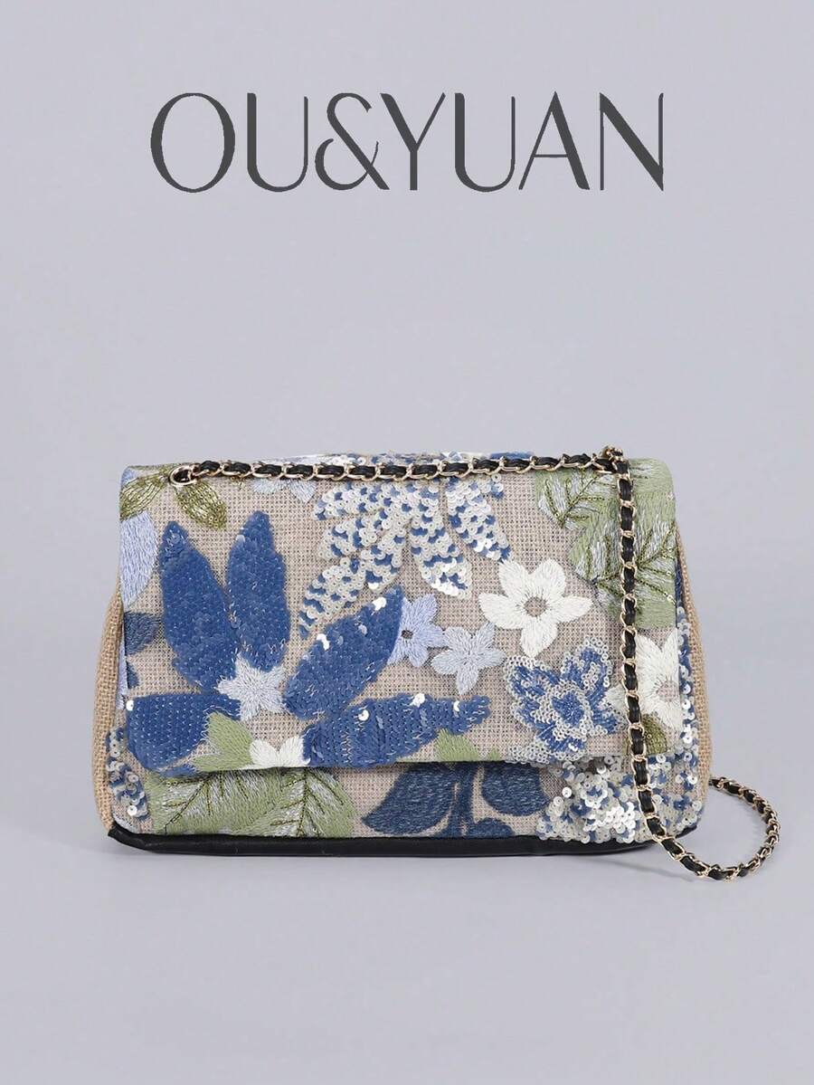 亮片刺繡花卉鏈條單肩包，女款時尚精緻亮片拼接翻蓋鏈條包，適合度假