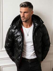 Men's Shiny Stand Collar Long Sleeve Detachable Hood Solid Color Casual Style Warm Padded Coat For Autumn/Winter - Black - View 2