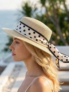 1pc Women's Summer Wide Brim Panama Hat With Bow Ribbon, Beach Vacation Sun Hat/Daily Hair Accessory/Accessory/Gift For Friends - Multicolor - View 6