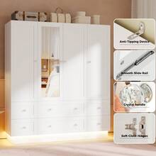 VOWNER Wardrobe Armoire With Mirror & RGB Light, Modern Wardrobe With Hanging Rod, Drawer & Shelves For Storage, Large Wardrobe Closet For Bedroom - White - View 7