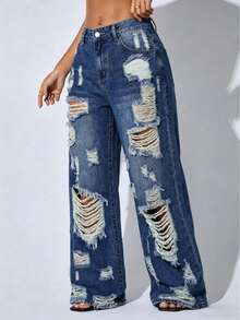 Low Waist Wide Leg Casual Blue Distressed Slant Pocket Curved Women Jeans Fall - Dark Wash - View 1
