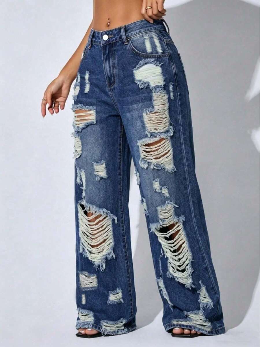 Low Waist Wide Leg Casual Blue Distressed Slant Pocket Curved Women Jeans Fall - Dark Wash - View 1