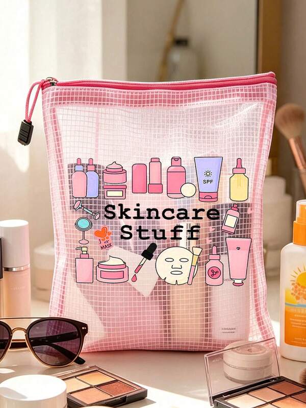New Skincare Sruff Printed Fashion Waterproof PVC Beach Bag With Skincare And Mask Pattern - A4 Size, Transparent Nylon Zipper Makeup Bag, Toiletry Bag, Storage Bag, Suitable For Swimming, Diving And Summer Vacation - Lightweight, Suitable For Young Men And Women, Beach Bag Accessories Travel Essentials, Summer Must-Have, Beach Must-Have