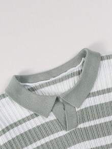 1pc Boys' Teen Retro Colorblock Green & White Striped Knit Polo Shirt, Autumn/Winter - Green - View 6