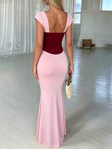 Contrast Color Sweetheart Neckline Fitted Waist Slim Fit Bodycon Mermaid Tail Evening Dress - Pink - View 5