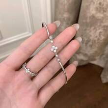 1pc French Chic Silver Rhinestone Four-Leaf Flower Half-Bangle Bracelet, Elegant Niche Fashion Hand Accessory For Women - four-leaf flower bracelet - View 3