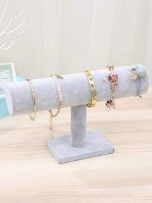 1pc Elegant Velvet T-Shaped Bracelet Display Stand - Desktop Jewelry Rack, Multi-Functional Desktop Accessory Organizer, Sturdy Plastic Base, Suitable For Necklace, Bracelet And Watch Storage - Grey - View 5