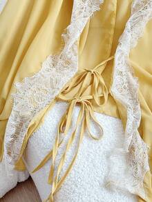 FGGG Women's Spring/Summer Light Yellow Deep V-Neck Lace Patchwork Lantern Sleeve Romantic Casual Commute Vacation Date Chiffon Cover Up - Yellow - View 9