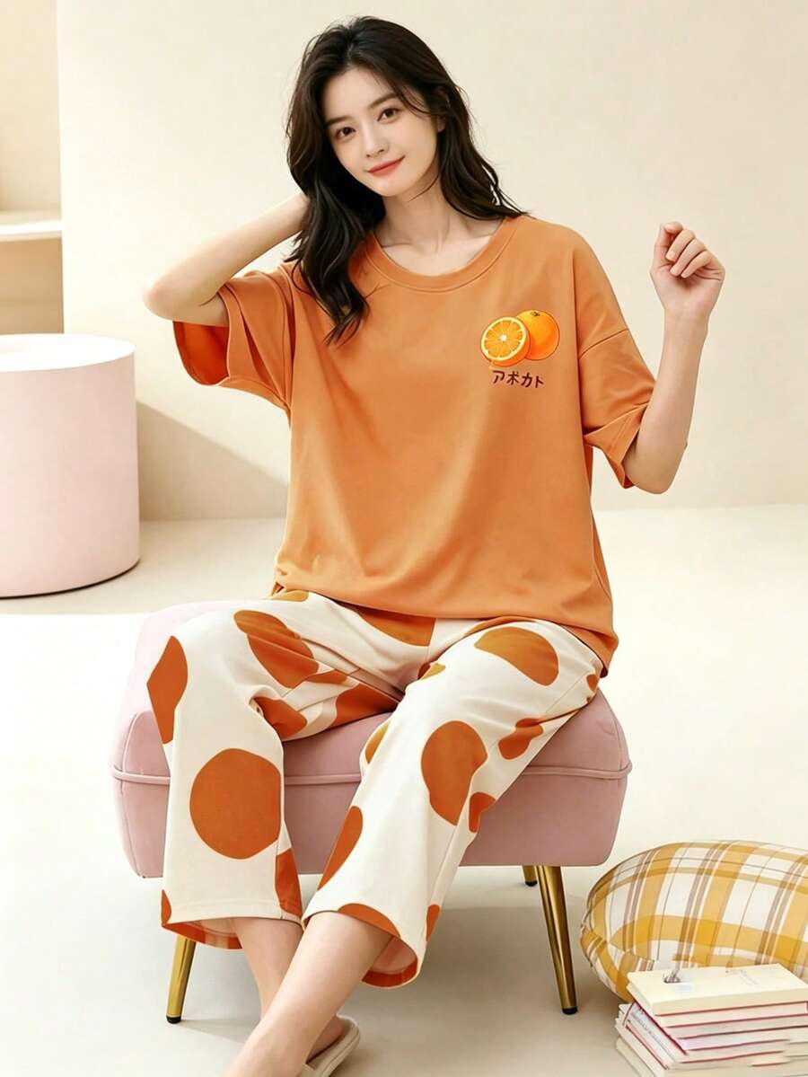 AICJ 2件套 女童休闲可爱卡通猫字母印花粉色上衣,七分裤短裤睡衣套装,春夏家居服派对假日睡衣套装 - 橘色 - 查看 1