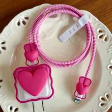 5pcs Rose Heart-Shaped Protective Sleeve Coiled Cord Compatible With IPhone 18W/20W Fast Charger, Soft Case Protector Compatible With IPhone 16/15/14/13 Charger, Ideal Gift - Rose-red Bow - View 3