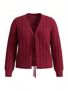 Women's Plus Size Burgundy Cable Knit Tie-Front Cardigan, Long Sleeve, Regular Length, Medium Stretch, Suitable For Autumn/Winter Wear - Burgundy - View 5