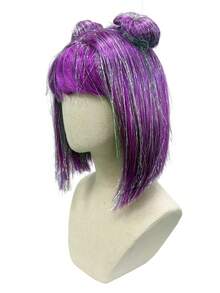 Neon Green Purple Silver Space Bun Wig, Smooth Straight Hair With Bangs, Breathable Adjustable Cap, Suitable For Colorful Party, Nightclub Photo Shoot, Cute Women's Styling Set - Multicolor - View 9