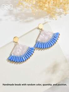 1 Pair Bohemian Vacation Style Geometric Fan-Shaped Tassel Handmade Seed Bead Earrings, Fashionable Elegant Minimalist Commute Versatile Valentine's Day Mother's Day Wedding Season Groom Bride Bridesmaid Gift, Suitable For Women's Daily Wear And Party - Blue - View 2