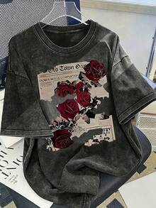 大尺碼女款圓領玫瑰印花短袖T恤，舒適休閒黑色夏季上衣 - 黑色 - 查看 2