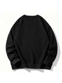 Sweatshirt Pria Gaya Workwear Amerika Kerah Bulat dengan Dua Saku, Pullover Lengan Panjang Longgar Kasual Warna Polos untuk Musim Gugur dan Dingin, Ukuran Tinggi - Hitam - View 4