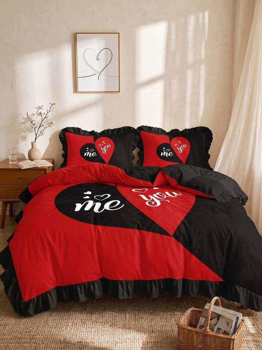 2/3pcs Ruffle Duvet Cover Set, Dorm Bedding, Heart Print Bedding Set, Cozy Room Decor, Skin-Friendly Breathable, Ultra Soft Anti-Pilling, No Duvet Insert, Suitable For Single/Double/Queen/King Bed, All Season, Machine Washable, Back To School
